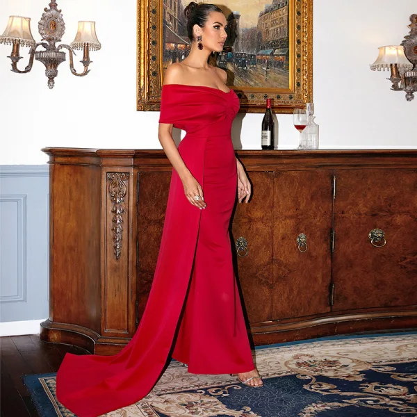 Elegant Red Evening Dresses 2022 Trumpet Mermaid Bow Off-The-Shoulder Short Sleeve Long Elegant Red Evening Dresses 2022 Trumpet Mermaid Bow Off-The-Shoulder Short Sleeve Long