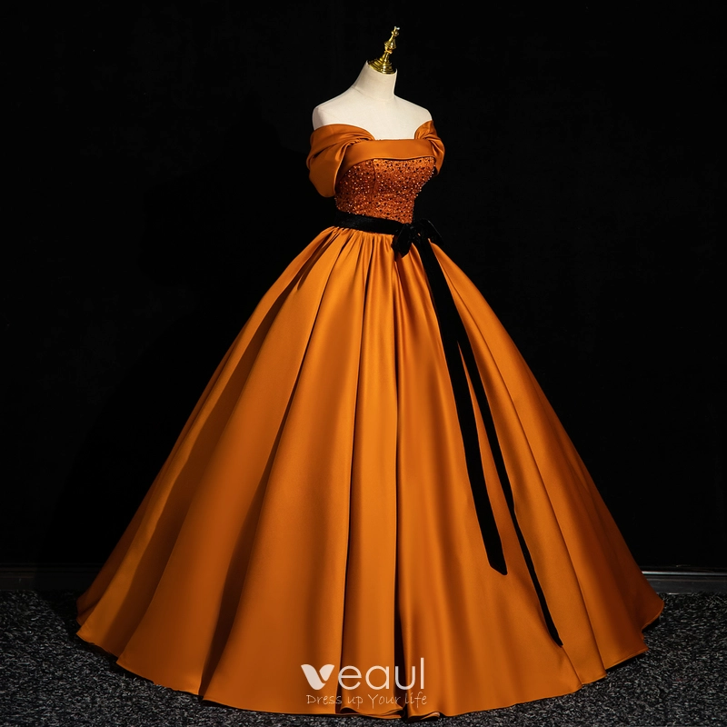 Elegant Orange Beading Sequins Satin Prom Dresses 2023 Ball Gown Off The  Shoulder Sleeveless Backless Bow Sash Floor Length Long Formal Dresses