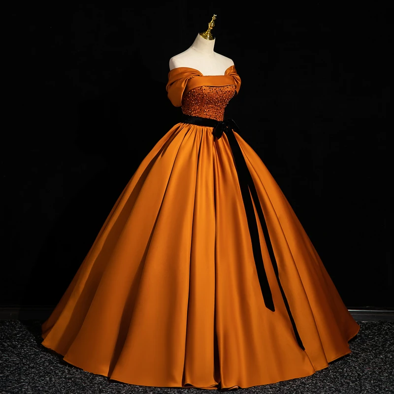 Elegant Orange Beading Sequins Satin Prom Dresses 2023 Ball Gown Off-The-Shoulder Bow