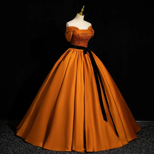 Élégant Orange Perlage Paillettes Satin Robe De Bal 2023 Robe Boule De l'épaule Sans Manches Dos Nu Noeud Ceinture Longue Robe De Ceremonie