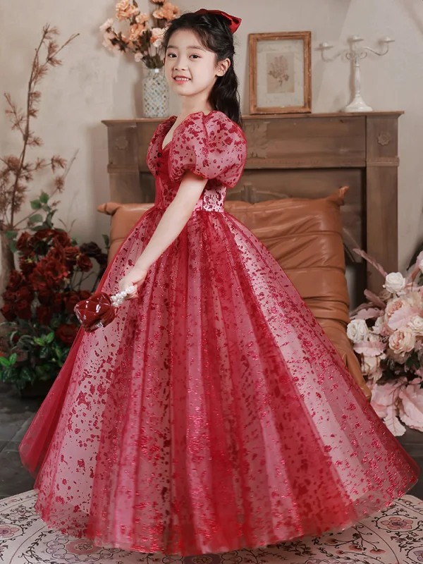 Chic / Beautiful Red Sequins Evening Party Flower Girl Dresses 2022 A-Line / Princess V-Neck Puffy Short Sleeve Floor-Length / Long Flower Girl Dresses