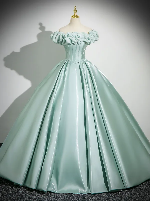 Elegant Mint Green Satin Prom Dresses Ball Gown 2025 Off-The-Shoulder Short Sleeve Backless Floor-Length / Long Formal Dresses