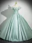 Elegant Mint Green Satin Prom Dresses Ball Gown 2025 Off-The-Shoulder Short Sleeve Backless Floor-Length / Long Formal Dresses