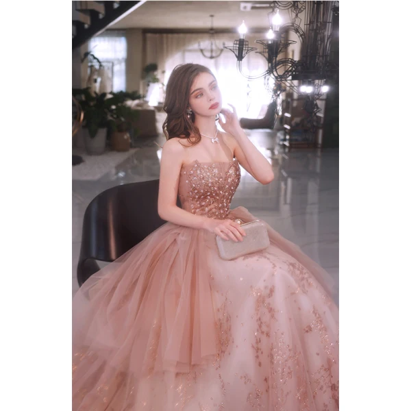 Chic / Belle Rougissant Rose Perlage Perle Paillettes Robe De Bal 2022 Princesse Bustier Sans Manches Dos Nu Longue Robe De Ceremonie