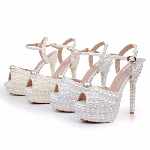 Elegant Beige Pearl Wedding Shoes 2024 14 cm Stiletto Heels Open / Peep Toe Wedding Sandals High Heels