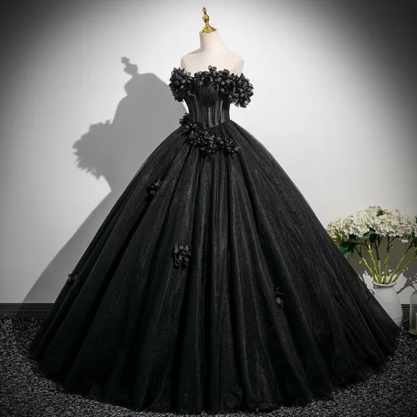 Elegant Black Appliques Prom Dresses 2025 Ball Gown Off-The-Shoulder Short Sleeve Backless Floor-Length / Long Formal Dresses