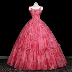 Fancy Candy Pink Floral Appliques Prom Dresses 2025 Ball Gown Spaghetti Straps Sleeveless Backless Floor Length Long Prom Formal Dresses