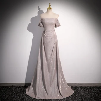 Modest Simple Grey Sequins Ruffle Evening Dresses 2024 A Line Princess Off The Shoulder Short Sleeve Sweep Train Backless Evening Party Formal Dresses