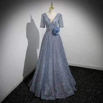 Sparkly Grey Beading Appliques Sequins Prom Dresses 2023 A Line Princess V Neck Short Sleeve Backless Floor Length Long Formal Dresses