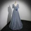 Sparkly Grey Beading Appliques Sequins Prom Dresses 2023 A-Line / Princess V-Neck Short Sleeve Backless Floor-Length / Long Formal Dresses