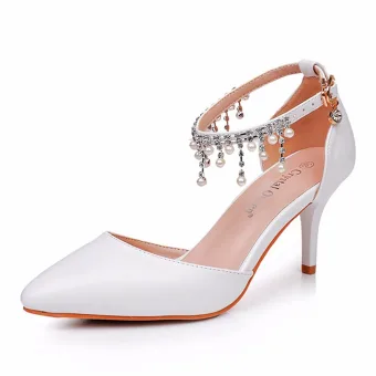 Chic Belle Blanche Perle Faux Diamant Bride Cheville Chaussure De Mariée 2024 7 Cm Talons Aiguilles À Bout Pointu Mariage Talons Hauts