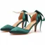 Charmant Dunkelgrün Perle Knöchelriemen Schleife Abend Sandalen Damen 2023 7 cm Stilettos Spitzschuh Sandaletten Hochhackige