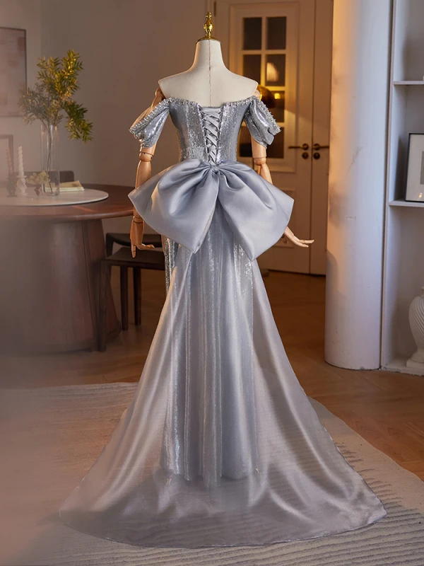 Scintillantes Argenté Paillettes Robe De Soirée Trompette / Sirène 2024 De l'épaule Sans Manches Dos Nu Noeud Longue Soirée Robe De Ceremonie