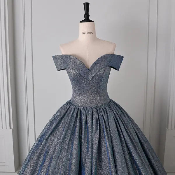 Chic / Belle Bleu Marine Glitter Robe De Bal 2026 Robe Boule De l'épaule Manches Courtes Dos Nu Longue Robe De Ceremonie