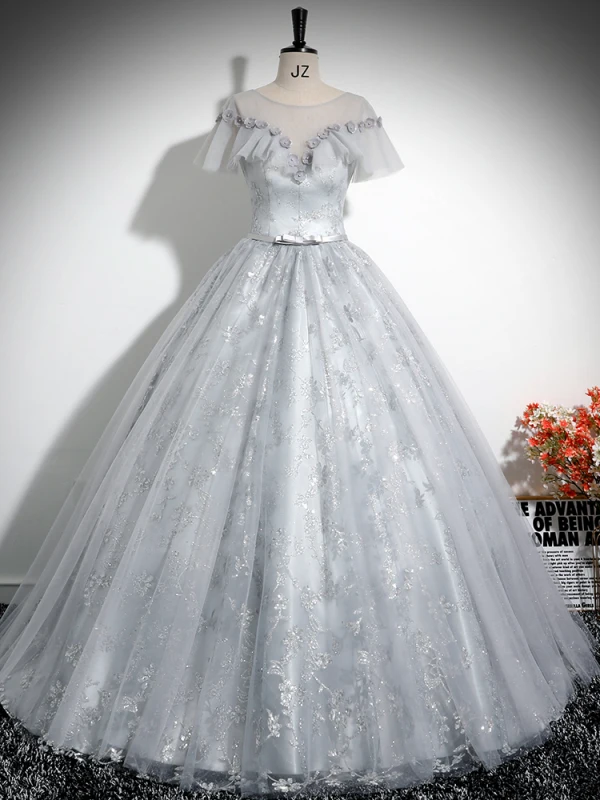 Vintage / Retro Grey Printing Appliques Prom Dresses 2024 Ball Gown Scoop Neck Short Sleeve Backless Floor-Length / Long Prom Formal Dresses