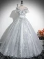 Vintage / Retro Grey Printing Appliques Prom Dresses 2024 Ball Gown Scoop Neck Short Sleeve Backless Floor-Length / Long Prom Formal Dresses