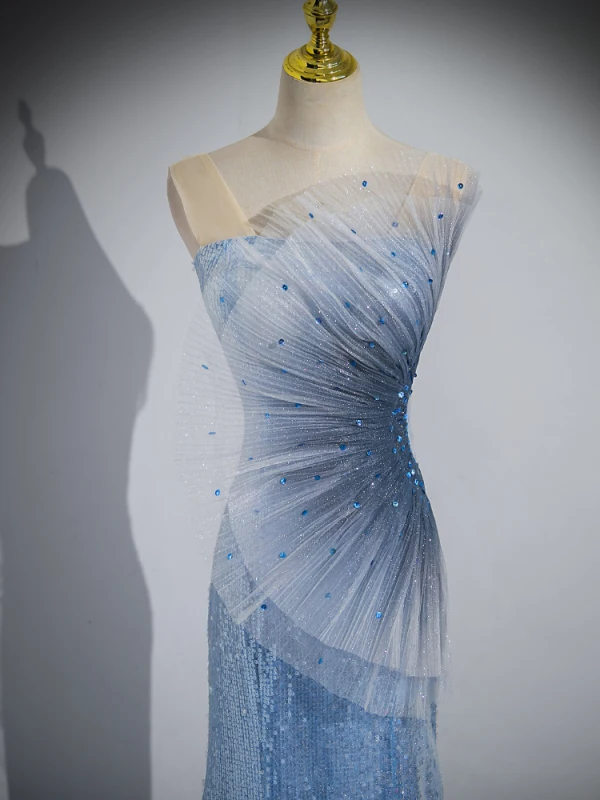 Sexy Bleu Ciel Paillettes Robe De Soirée 2023 Trompette / Sirène Bustier Sans Manches Dos Nu Train De Balayage Soirée Robe De Ceremonie