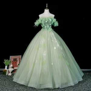Fée Des Fleurs Vert Cendré Appliques Perlage En Dentelle Fleur Paillettes Robe De Bal 2026 Robe Boule De L Épaule Manches Courtes Dos Nu