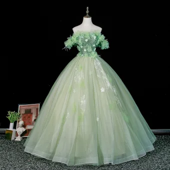 Blumenfee Salbeigrün Applikationen Perlenstickerei Spitze Blumen Pailletten Ballkleider 2026 Ballkleid Off Shoulder Kurze Ärmel Rückenfreies
