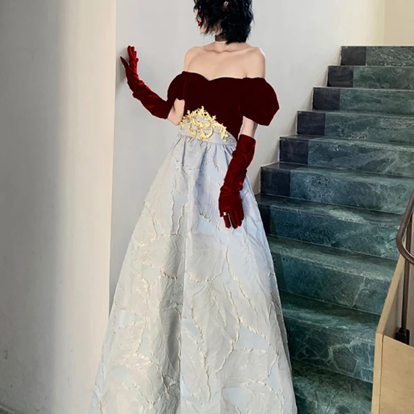 Fashion Burgundy Suede Prom Dresses 2022 A-Line / Princess Off-The-Shoulder Short Sleeve Backless Floor-Length / Long Prom Formal Dresses