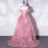 Sexy Rose Bonbon Volants en Cascade Robe De Soirée 2022 Princesse De l'épaule Sans Manches Dos Nu Asymétrique Soirée Robe De Ceremonie