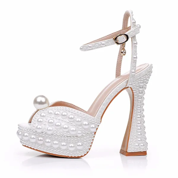 Chic / Beautiful White Pearl Wedding Shoes 2024 Ankle Strap 13 cm Thick Heels Open / Peep Toe Wedding Shoes High Heels