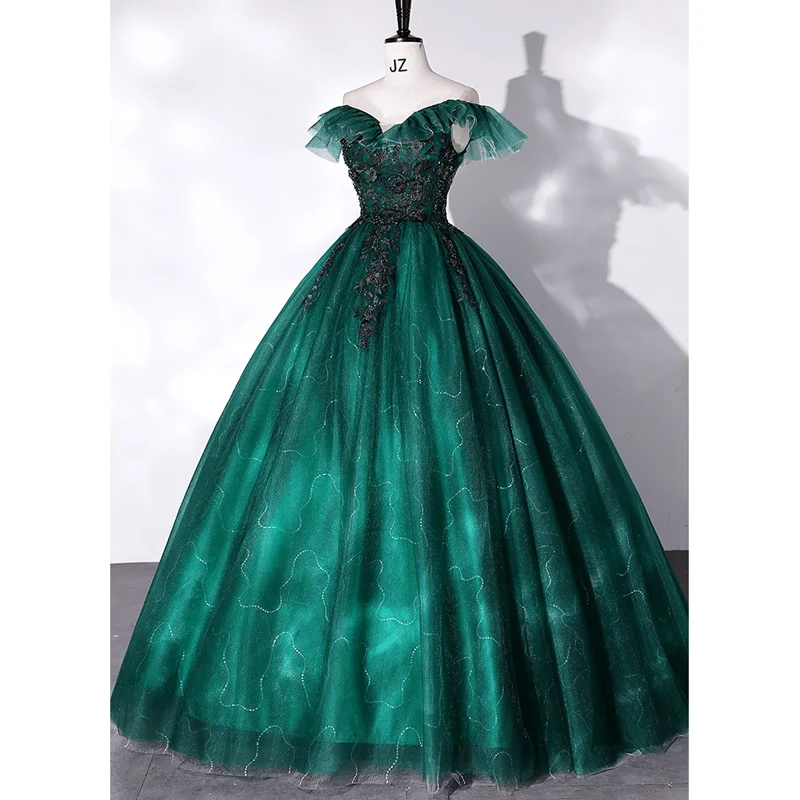Chic Beautiful Green Prom Dresses 2022 Ball Gown Off The Shoulder Sleeveless Backless Beading Lace Flower Floor Length Long Formal Dresses Chic Beautiful Green Prom Dresses 2022 Ball Gown Off The Shoulder Sleeveless Backless Beading Lace Flower Floor Length Long Formal Dresses