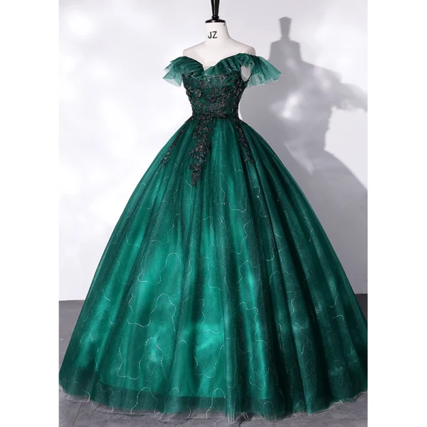 Chic / Beautiful Green Prom Dresses 2022 Ball Gown Off-The-Shoulder Sleeveless Backless Beading Lace Flower Floor-Length / Long Formal Dresses