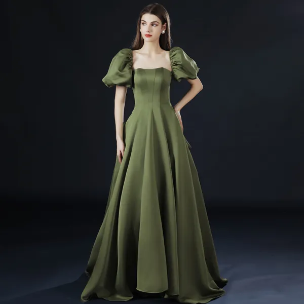Vintage / Retro Olive Green Prom Dresses 2021 A-Line / Princess Square Neckline Crossed Straps Solid Color Satin Short Sleeve Formal Dresses Sweep Train