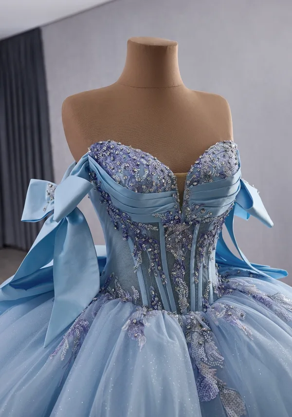 Luxury / Gorgeous Sky Blue Handmade  Beading Sequins Lace Flower Prom Dresses 2025 Ball Gown Off-The-Shoulder Sleeveless Backless Bow Floor-Length / Long