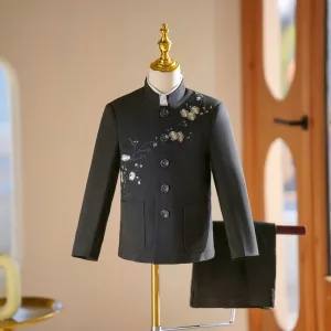 Chinese Style Black 3 Piece Embroidered Long Sleeve Boys Wedding Suits 2025 Coat Pants Shirt Wedding