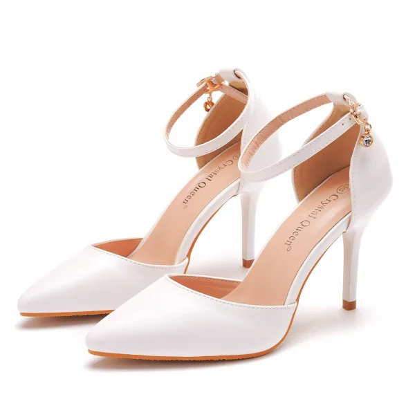 Chic / Beautiful White Evening Party Womens Shoes 2023 Ankle Strap 9 cm Stiletto Heels Pointed Toe Womens Shoes High Heels