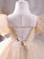 Chic / Beautiful Champagne Lace Flower Birthday Flower Girl Dresses 2024 Ball Gown Scoop Neck Puffy Short Sleeve Floor-Length / Long