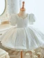 Chic / Beautiful White Short Pearl Wedding Flower Girl Dresses 2023 Ball Gown Square Neckline Short Sleeve Backless Bow Tulle