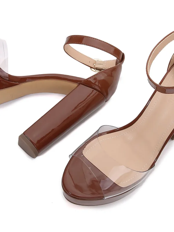Sexy Transparent Schwarz Abend Sandalen Damen 2022 Knöchelriemen 12 cm Thick Heels Peeptoes Sandaletten Hochhackige