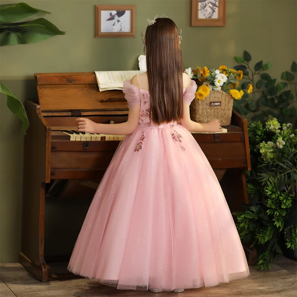 Chic / Beautiful Blushing Pink Beading Sequins Birthday Flower Girl Dresses 2024 A-Line / Princess Scoop Neck Short Sleeve Floor-Length / Long