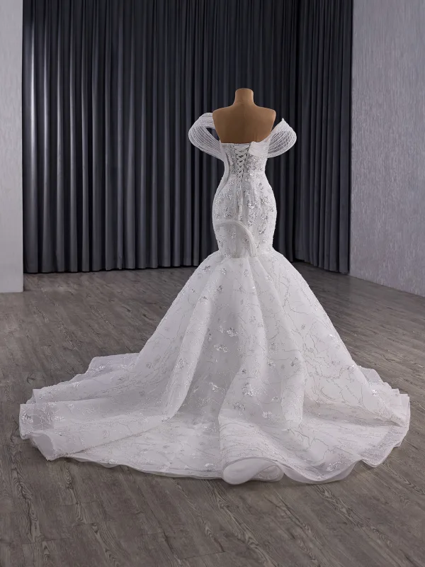 Luxury / Gorgeous White Handmade  Beading Pearl Sequins Rhinestone Wedding Dresses 2025 Trumpet / Mermaid Strapless Sleeveless Backless Court Train
