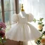 Chic / Beautiful Champagne Pearl Birthday Short Flower Girl Dresses 2024 Ball Gown Scoop Neck Puffy Short Sleeve Bow