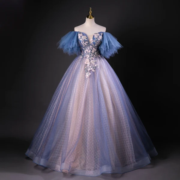 Vintage / Retro Ocean Blue Beading Sequins Prom Dresses 2023 Ball Gown Off-The-Shoulder Short Sleeve Backless Floor-Length / Long Formal Dresses