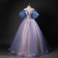 Vintage / Retro Ocean Blue Beading Sequins Prom Dresses 2023 Ball Gown Off-The-Shoulder Short Sleeve Backless Floor-Length / Long Formal Dresses