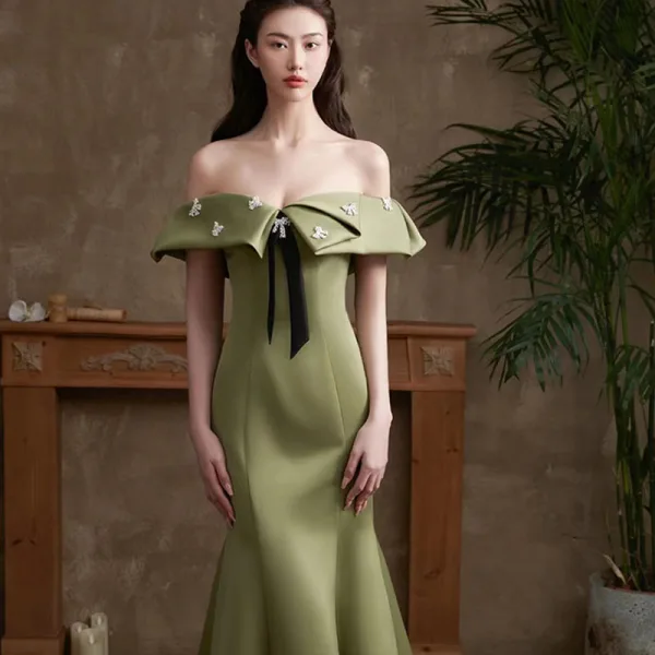 Sexy Clover Green Trumpet / Mermaid Evening Dresses 2022 Off-The-Shoulder Short Sleeve Backless Pearl Floor-Length / Long Satin Evening Party Formal Dresses