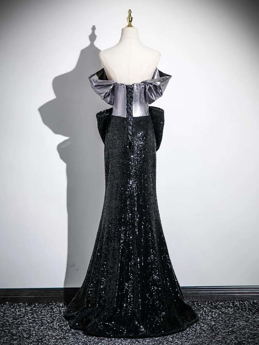 Sexy Black Sequins Bow Prom Dresses Evening Dresses 2025 Trumpet Mermaid Short Sleeve