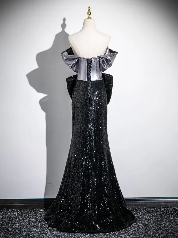 Sexy Black Sequins Bow Prom Dresses Evening Dresses 2025 Trumpet / Mermaid Off-The-Shoulder Short Sleeve Backless Floor-Length / Long Evening Party Formal Dresses