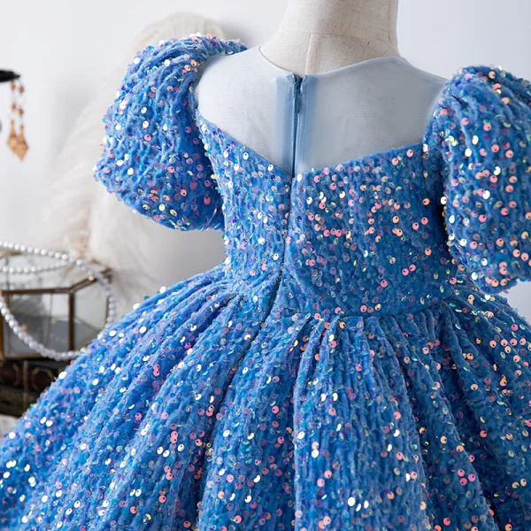 Sparkly Pool Blue Sequins Prom Flower Girl Dresses 2022 Ball Gown Scoop Neck Short Sleeve Short Flower Girl Dresses