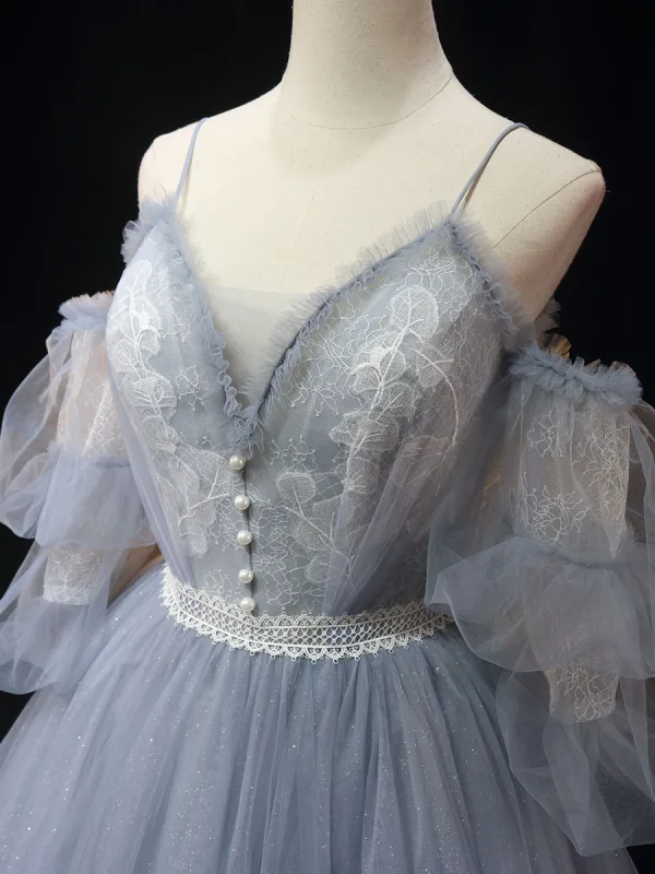 Charming Sky Blue Lace Flower Pleated Prom Dresses 2024 Ball Gown Spaghetti Straps Short Sleeve Backless Floor-Length / Long Formal Dresses