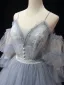 Charming Sky Blue Lace Flower Pleated Prom Dresses 2024 Ball Gown Spaghetti Straps Short Sleeve Backless Floor-Length / Long Formal Dresses
