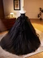 Fashion Black Appliques Cascading Ruffles Prom Dresses 2024 Ball Gown Strapless Sleeveless Backless Court Train Prom Formal Dresses