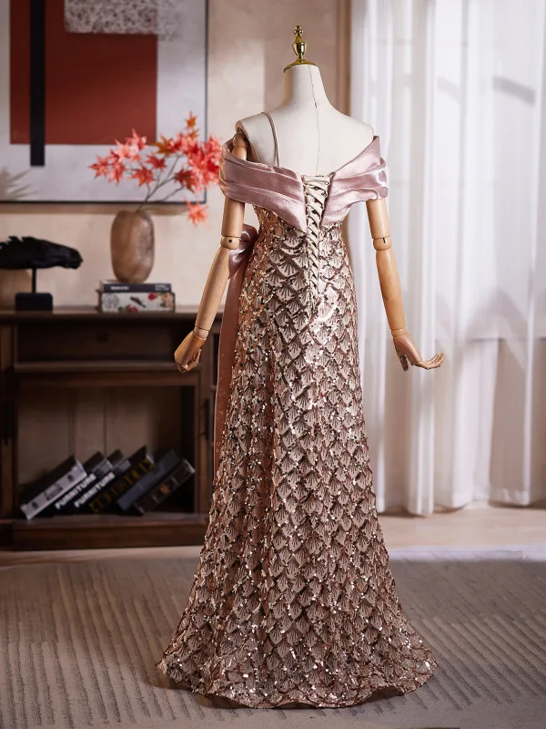 Glitzernden Gold Schleife Pailletten Ballkleider 2026 A Linie Off Shoulder Kurze Ärmel Rückenfreies Lange Festliche Kleider