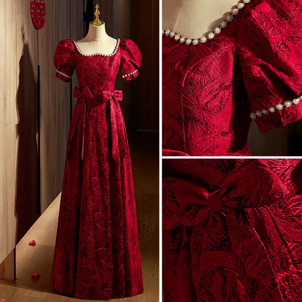Chic / Belle Bordeaux Robe De Bal 2022 Princesse Encolure Carrée Perle Paillettes Faux Diamant Noeud Manches Courtes Dos Nu Longue Robe De Ceremonie