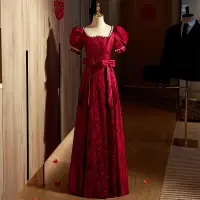 Hermoso Borgoña Vestidos de gala 2022 A-Line / Princess Escote Cuadrado Perla Lentejuelas Rhinestone Bowknot Manga Corta Sin Espalda Largos Vestidos Formales